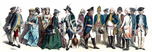 Personages from the time of Frederick the Great, 18th century. German Engraving 1860.