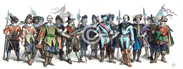 Personages from the time of the Thirty Years War, 17th century. German Engraving 1860.