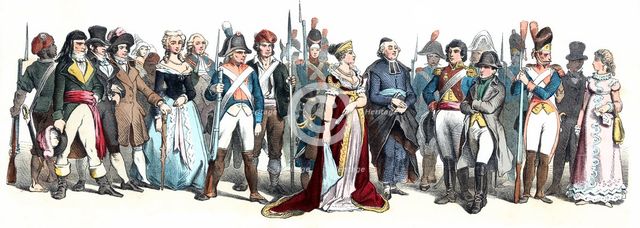 Personages from the time of the French Revolution, 18th century. German Engraving 1860.