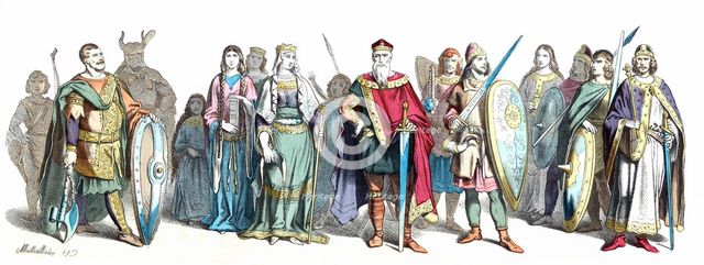 Personages in the court of Charlemagne. Late 8th century, German engraving 1860.