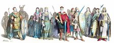 Personages in the court of Charlemagne. Late 8th century, German engraving 1860
