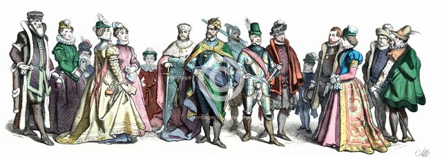 Personages of the court of Charles V, 16th century. German Engraving 1860.