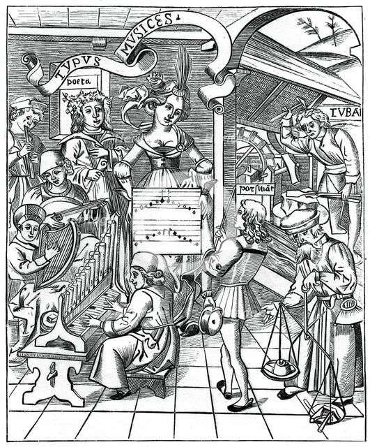 Personification of music, with the auxiliaries, the poet and musicians, 1508, (1870). Artist: Unknown