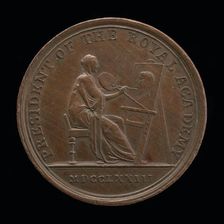 Personification of Painting at an Easel Portraying Sir Joshua Reynolds [reverse], 1773. Creator: John Kirk