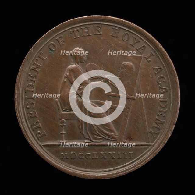 Personification of Painting at an Easel Portraying Sir Joshua Reynolds [reverse], 1773. Creator: John Kirk.