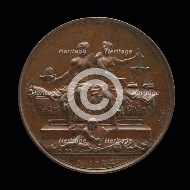 Personifications of Liberty and Justice on a Sarcophagus [reverse], c. 1733. Creator: Jean Dassier.