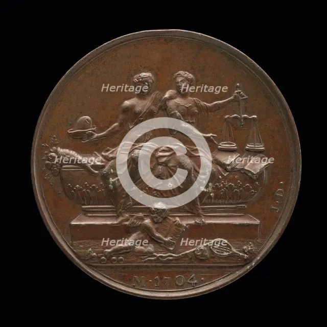 Personifications of Liberty and Justice on a Sarcophagus [reverse], c. 1733. Creator: Jean Dassier.