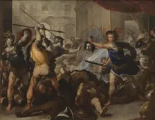 Perseus turning Phineas and his Followers to Stone, Early 1680s. Artist: Giordano, Luca (1632-1705)