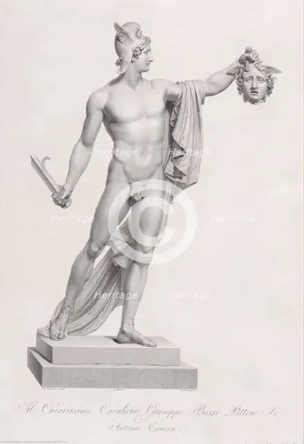 Perseus with the head of Medusa. from "Oeuvre de Canova: Recueil de Statues ...", 1817., 1817. Creator: Giovanni Tognolli.