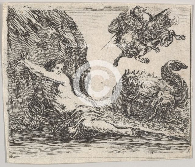 Perseus and Andromeda, from 'Game of Mythology' (Jeu de la Mythologie), 1644. Creator: Stefano della Bella.