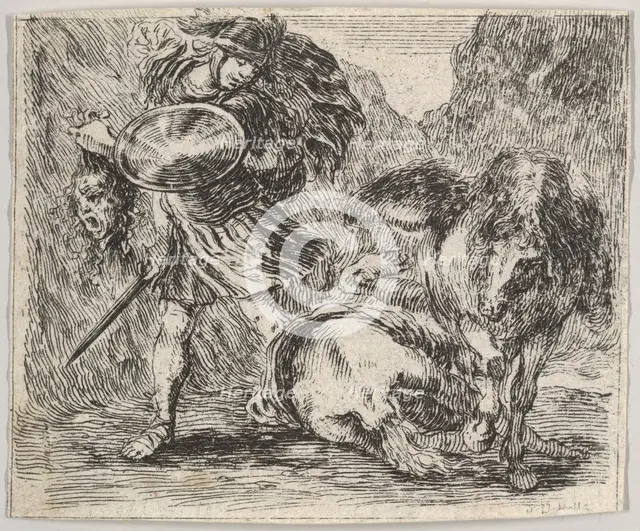 Perseus and Medusa, from 'Game of Mythology' (Jeu de la Mythologie), 1644. Creator: Stefano della Bella.
