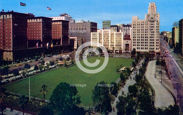 Pershing Square showing the Biltmore Hotel, Los Angeles, California, USA, 1953. Artist: Unknown