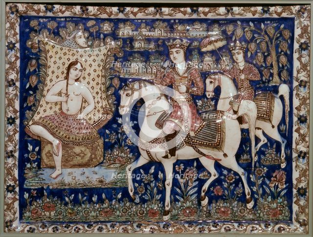 Persian tile depcting Kushrau seeing Shirin bathing, 19th century. Artist: Unknown
