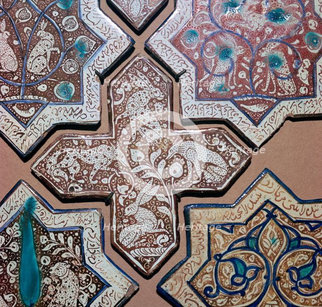 Persian tiles with animals and lines from Persian poetry, 13th century. Artist: Unknown