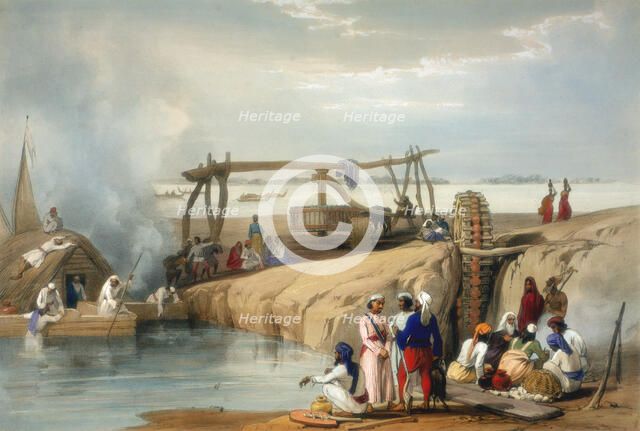 Persian wheel raising water from the Sutlej River, Punjab, 1842. Artist: James Atkinson