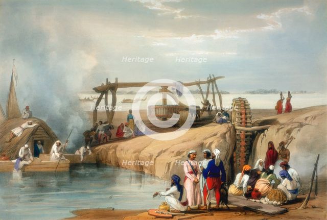 Persian wheel raising water from the Sutlej River, Punjab, 1842. Creator: James Atkinson.
