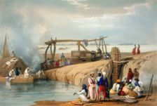 Persian wheel raising water from the Sutlej River, Punjab, 1842. Creator: James Atkinson