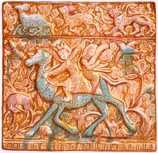 Persian lustred wall-tile: a mounted Sassanian archer, 19th century. Creator: Henry Wallis (1830-1916)