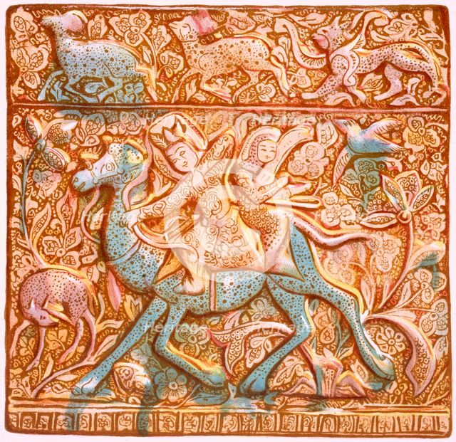 Persian lustred wall-tile: a mounted Sassanian archer, 19th century. Creator: Henry Wallis (1830-1916).