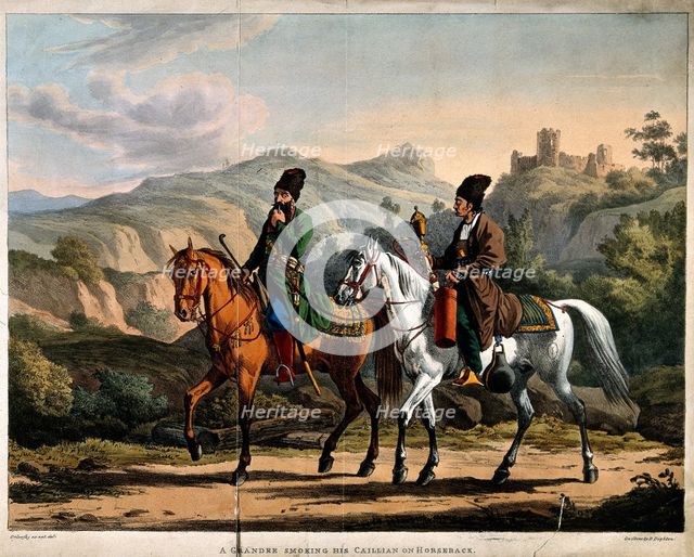 Persian smoking a hookah on horseback, ca 1820. Artist: Orlowski (Orlovsky), Alexander Osipovich (1777-1832)
