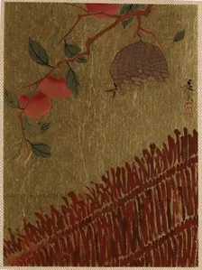 Persimmons Branch and Wasp Nest above a Hedge. Creator: Shibata Zeshin