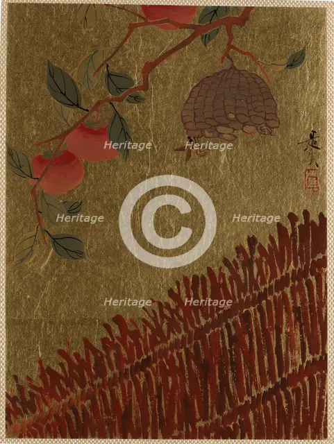 Persimmons Branch and Wasp Nest above a Hedge. Creator: Shibata Zeshin.
