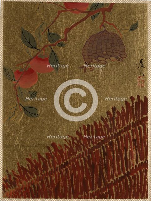 Persimmons Branch and Wasp Nest above a Hedge. Creator: Shibata Zeshin.