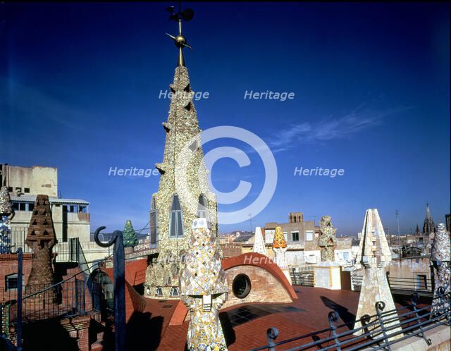 Perspective of the roof terrace of the Güell Palace building 1886-1890, designed by Antoni Gaudí …