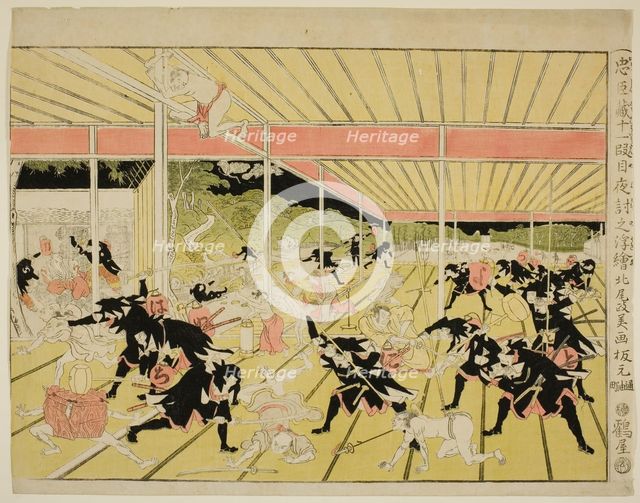 Perspective Picture of the Night Attack from Act XI of the Storehouse of Loyal..., c. 1791/94. Creator: Kitao Masayoshi.