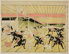 Perspective Picture of the Night Attack from Act XI of the Storehouse of Loyal..., c. 1791/94. Creator: Kitao Masayoshi