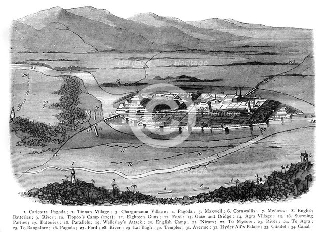 Perspective Plan of Seringapatam, Indicating Severally The British Positions in 1792 and 1799', c189 Creator: James Grant.