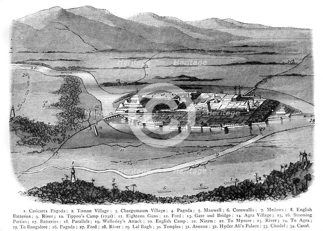 Perspective Plan of Seringapatam, Indicating Severally The British Positions in 1792 and 1799', c189 Creator: James Grant.