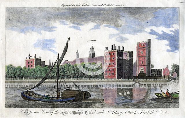 'Perspective view of the Arch Bishop's palace, with St Mary's Church, Lambeth'. Artist: Unknown