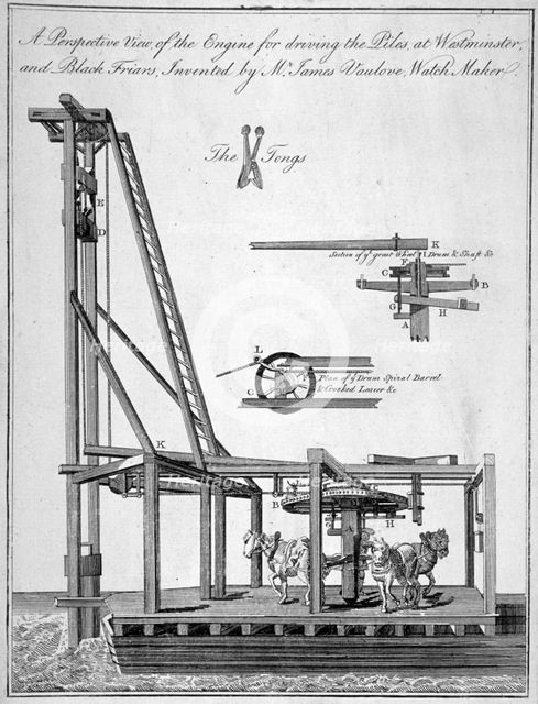 Perspective view of the engine used for driving the piles of Westminster Bridge, London, c1765. Artist: Anon
