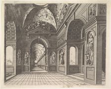 Perspective view of the interior of a hall, with cross-vault decorated with grot..., Published 1601. Creators: Johannes van Doetecum I, Lucas van Doetecum