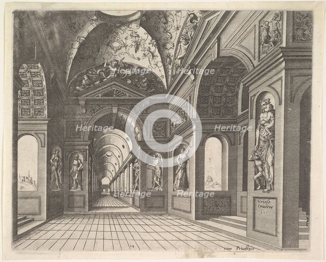 Perspective view of the interior of a hall, with cross-vault decorated with grot..., Published 1601. Creators: Johannes van Doetecum I, Lucas van Doetecum.