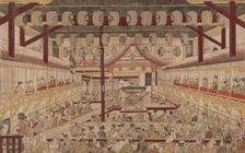 Perspective View of the Interior of the Nakamura Theater with Ichikawa Ebizo II as Yanone Goro, 1740 Creator: Okumura Masanobu (Japanese, 1686-1764)