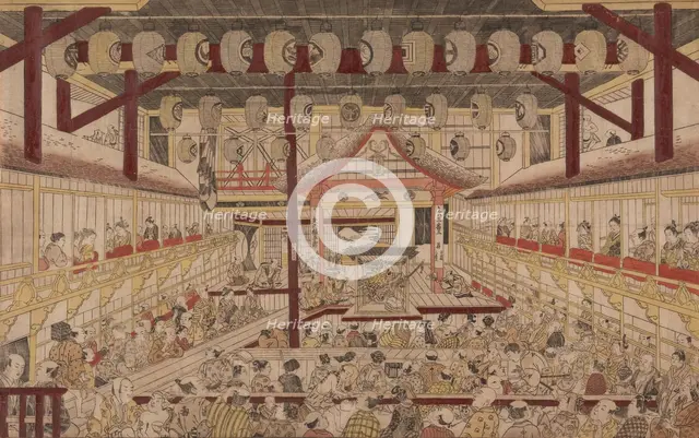 Perspective View of the Interior of the Nakamura Theater with Ichikawa Ebizo II as Yanone Goro, 1740 Creator: Okumura Masanobu (Japanese, 1686-1764).
