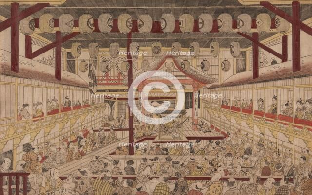 Perspective View of the Interior of the Nakamura Theater with Ichikawa Ebizo II as Yanone Goro, 1740 Creator: Okumura Masanobu (Japanese, 1686-1764).