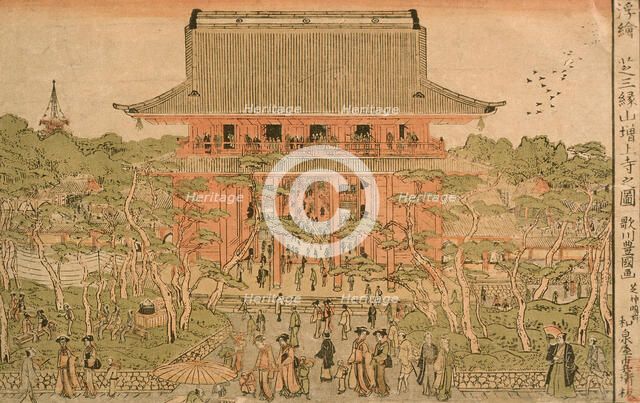 Perspective View of the Temple Shiba Mirokuzan Zojoji, Late 18th - early 19th century. Creator: Utagawa Toyokuni I.