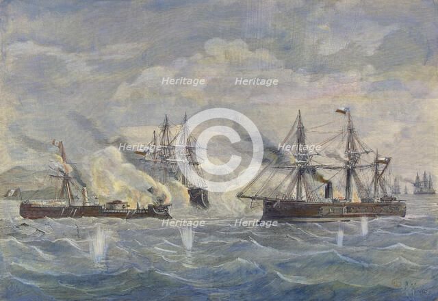 Peru - Bolivia - Chile War, 1879, naval battle between the Peruvian ship 'Huascar' against the Ch…