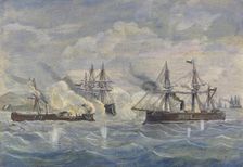 Peru - Bolivia - Chile War, 1879, naval battle between the Peruvian ship Huascar against the Ch…