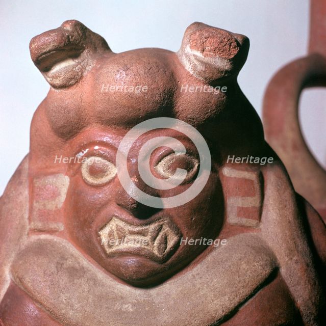 Peruvian earthenware bottle in the form of a squatting figure, 5th century. Artist: Unknown