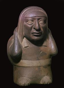 Peruvian earthenware jar in the form of a squatting figure, 5th century BC