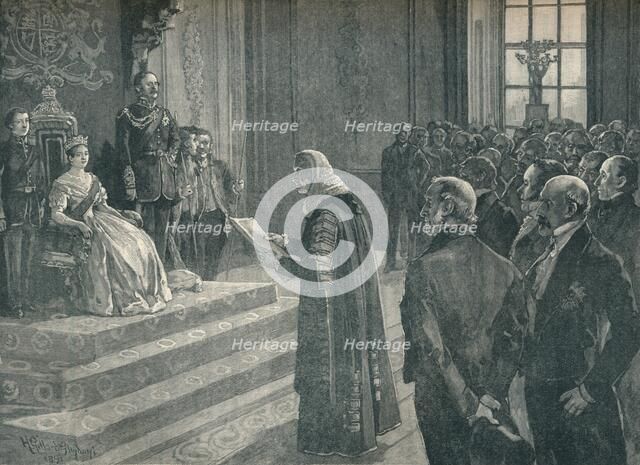 Pesenting the patriotic address to the Queen on the eve of the Crimean War, 1854 (1906). Artist: Unknown.