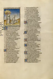 Phyllis Hanging Herself from a Tree and Medea Killing her Children; Roman de la Rose, about 1405. Creator: Unknown