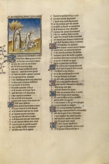 Phyllis Hanging Herself from a Tree and Medea Killing her Children; Roman de la Rose, about 1405. Creator: Unknown
