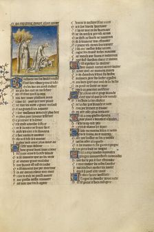 Phyllis Hanging Herself from a Tree and Medea Killing her Children; Roman de la Rose, about 1405. Creator: Unknown