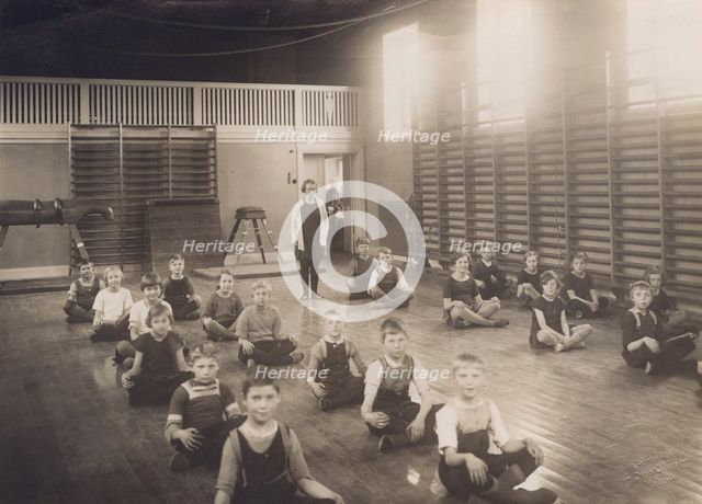 Physical education class at school, Sweden, 1927. Creator: Otto Ohm.