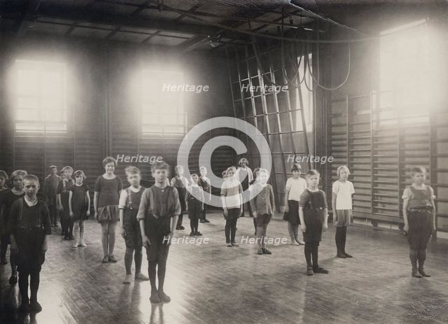 Physical education class at school, Sweden, 1927. Creator: Otto Ohm.